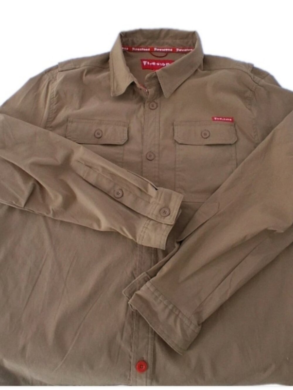 Firestone Mechanics Work Shirt Men's XL Stretch Tan With 4 Pockets Vented.